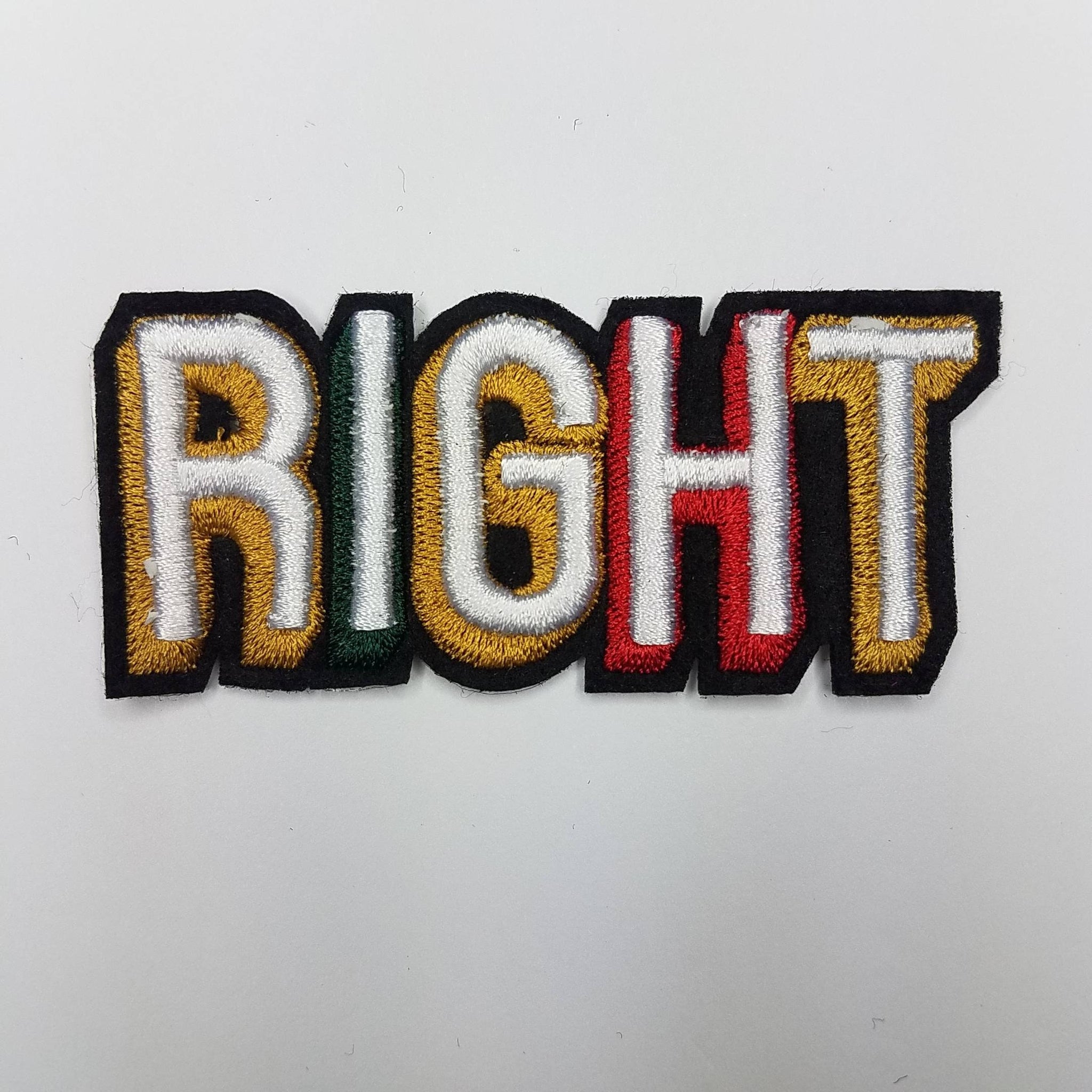 Vintage "RIGHT" Patch, Gold, Green, and Red Iron-On Embroidered Applique; Patch for Clothing, Size 3"x1", 1-piece