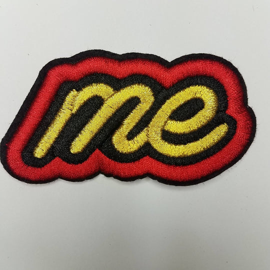 2-pc set, Metallic "Me" Patch, Gold, Black, and Red Iron-On Embroidered Applique; Patch for Clothing, Size 2"
