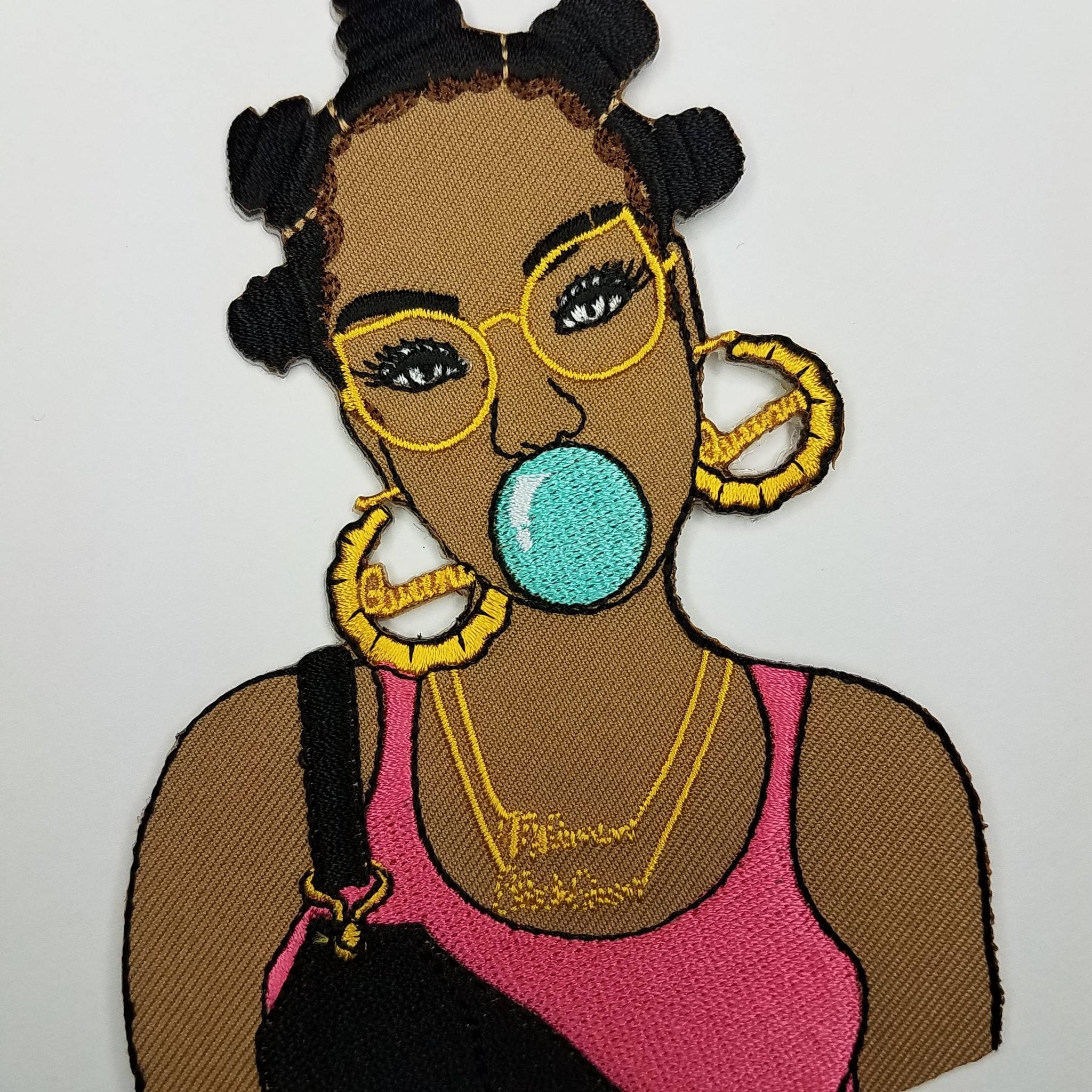 Embroidered Patch, Black Jumpsuit "Bubble Pop" | Blue Bubble, 4.5", Iron-on Applique, Patch for Clothing, Black Girl Magic Patch
