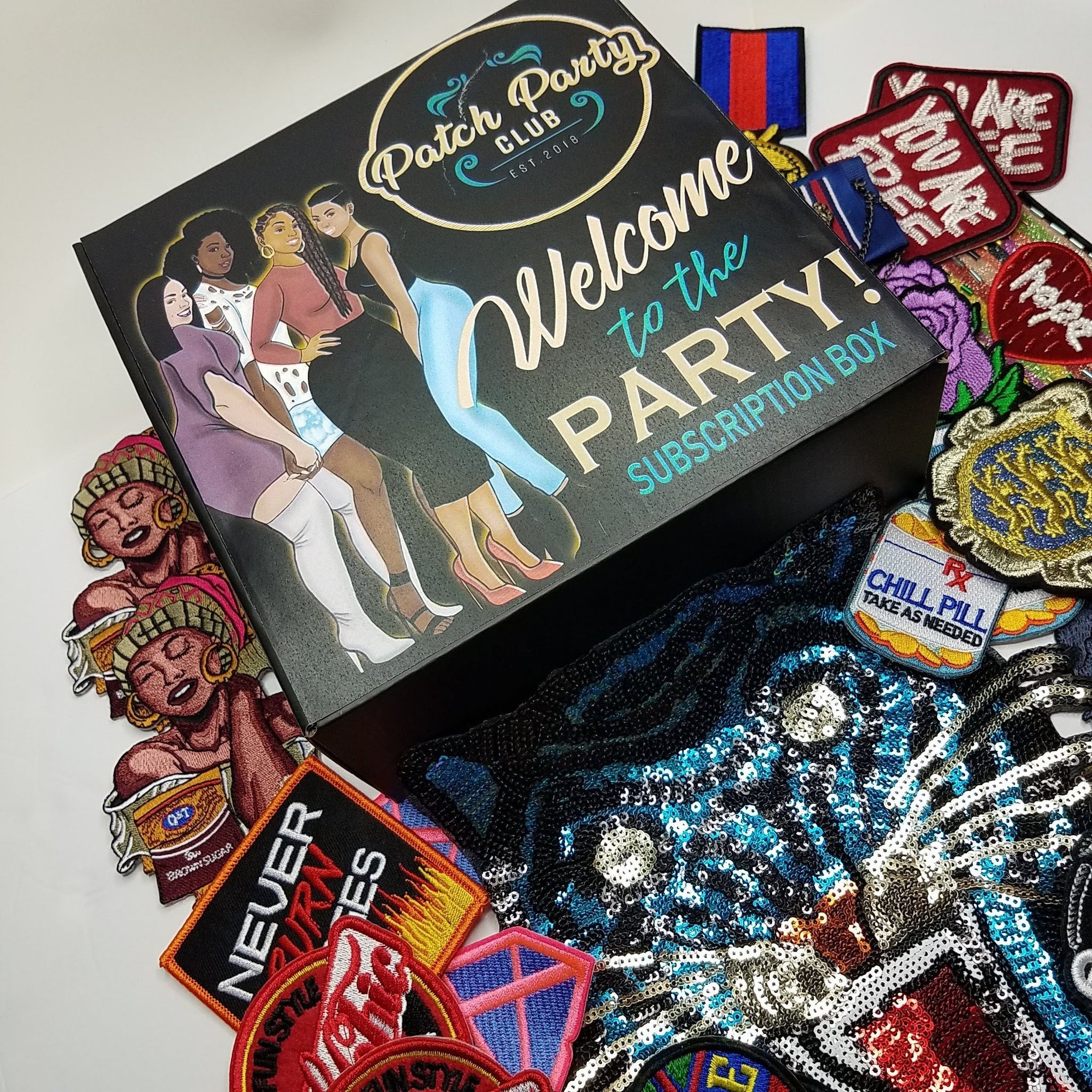 Past Monthly Subscription Boxes | Patch Party Club Monthly Patch Box | Mystery Box | Exclusive Patch Gift Box | Afropunk | Pa
