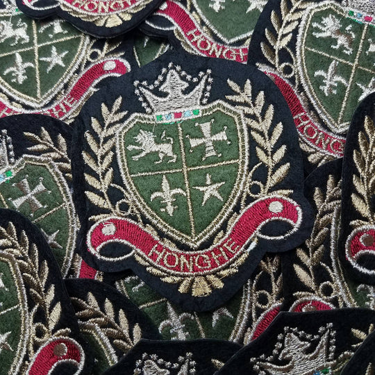 2-pc Set, Royalty Crest, Gold Metallic, Green, and Black Emblem patch, DIY, Embroidered Applique Iron On Patch, Size 3.5"