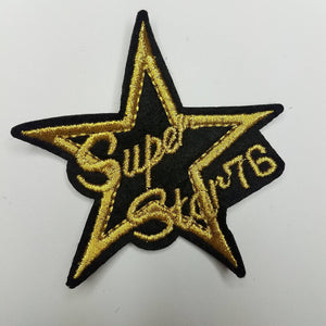 2-pc Star Patch Set, "Super Star 76" Metallic Gold and Black Stars, Small Emblems, DIY, Embroidered Applique Iron On Patches, Size 2"