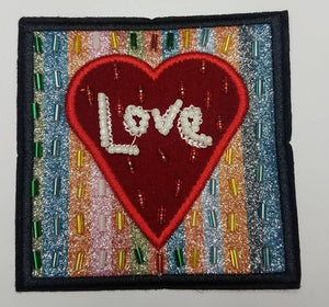 Beaded "Love Badge" 4"×4" Vintage Applique, Embroidered Patch, Statement Applique, exclusive patch for clothing, Colorful Patch