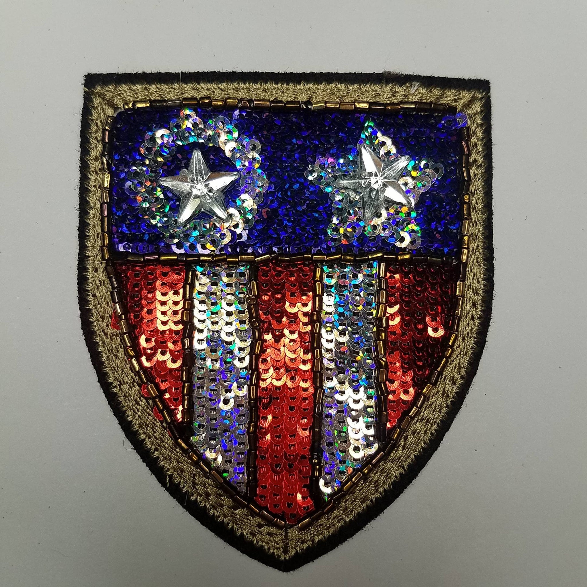 Premium Quality, Studded Royalty Crest, Red, White, Blue Sequins Emblem patch, DIY, Embroidered Applique Iron On Patch with Bling Size 3.5"