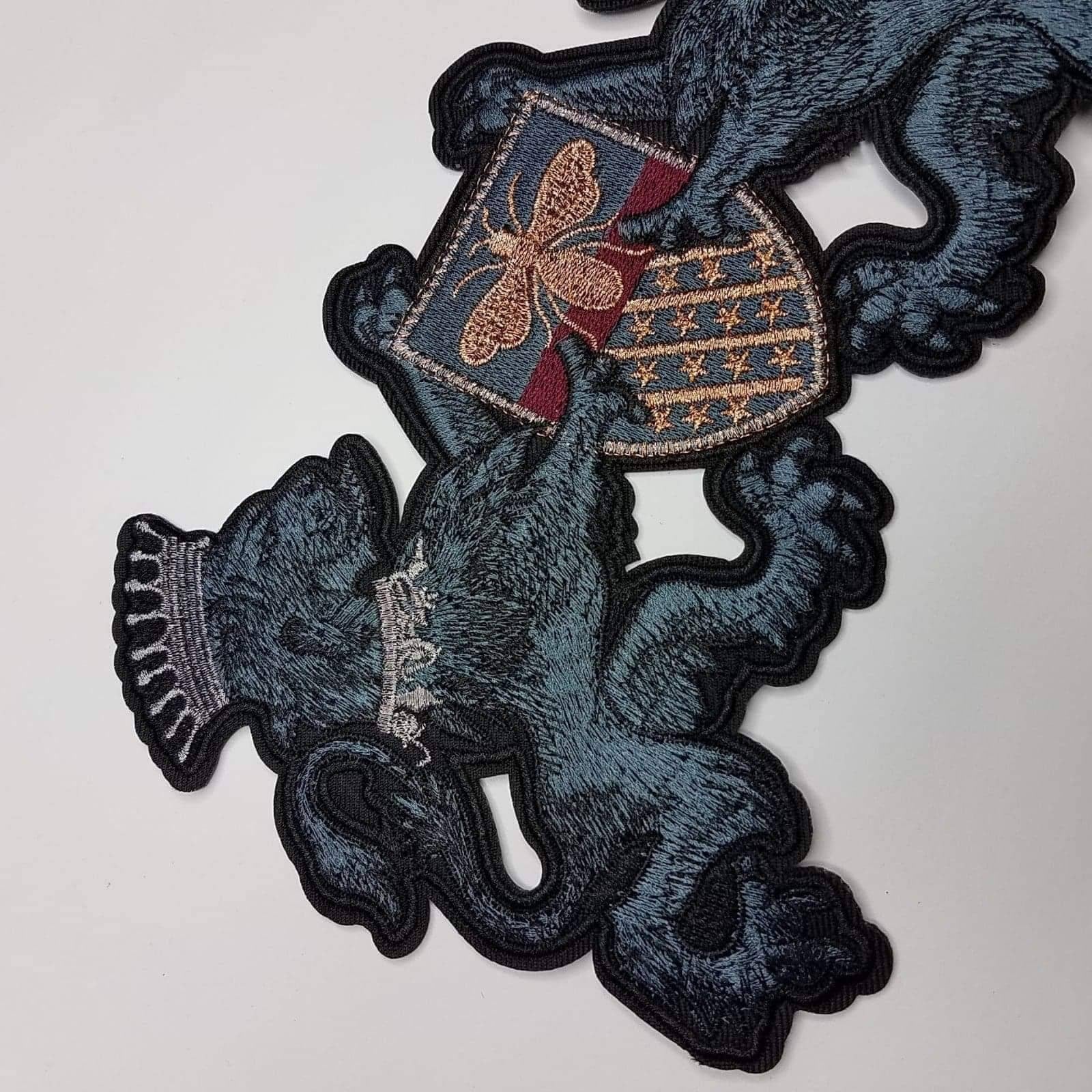 Exclusive, Royal Lions with Regal Crest & Crowns with Golden Bee, Iron On Embroidery Patch, Cool Patch for Men, Fashion Patch, 9"×6.5"