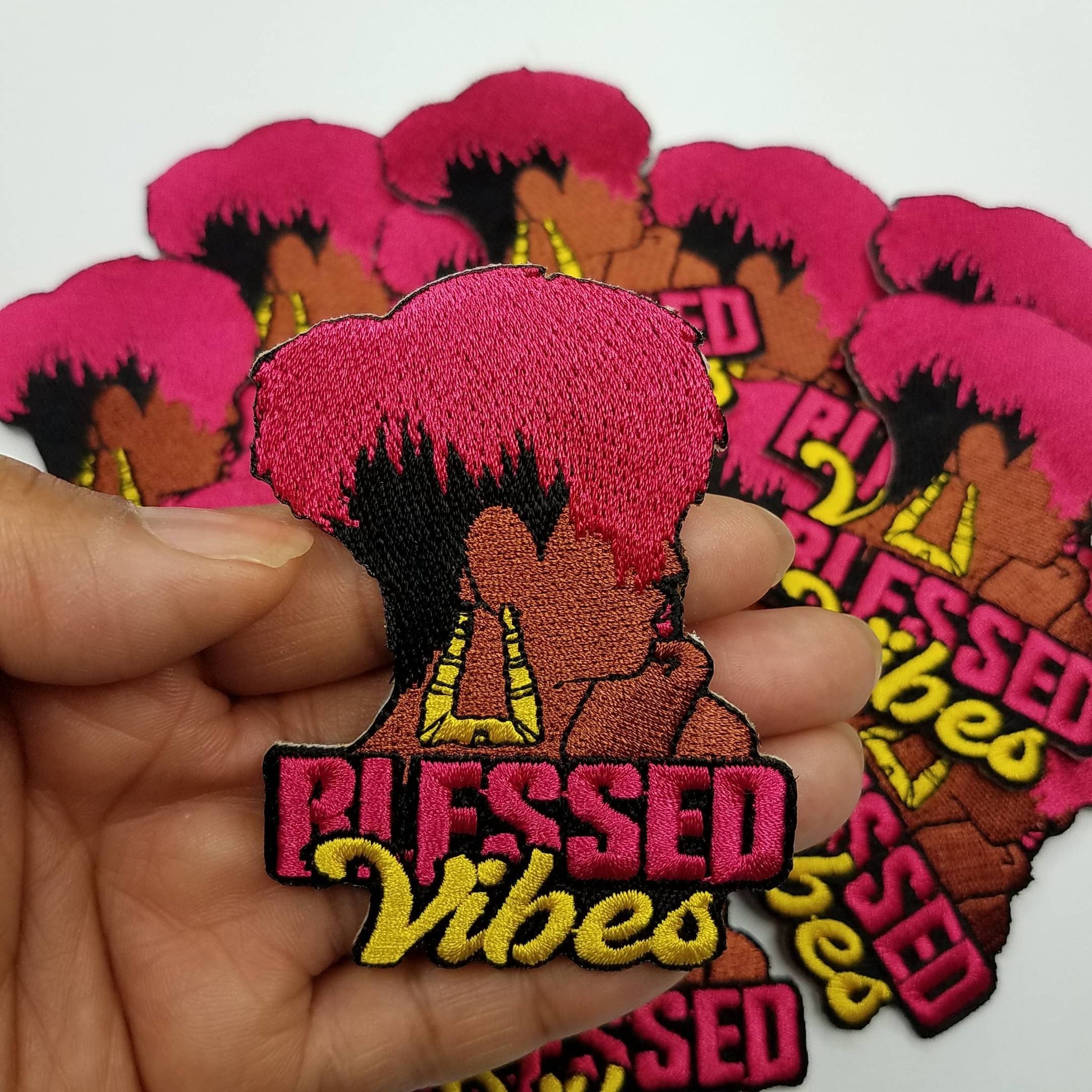 Blessed Vibes, SMALL 3" Hot Pink and Yellow, Inspirational Patch, Iron-on; Black Girl Magic Patch, Positive Thinking Patch for Denim Jacket