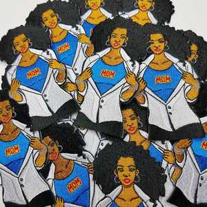 Fun, 4-inch, African American, "Super Mom" Iron on Embroidered Patch, Afrocentric Queen, Mommy Hero, Shero Patch