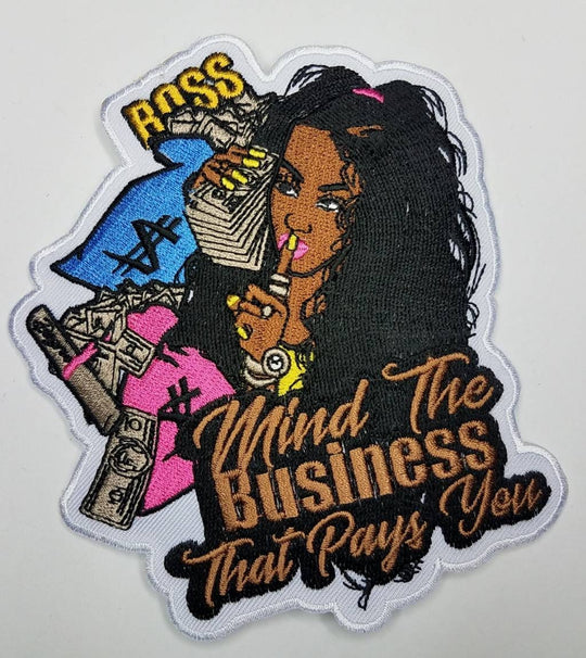 Embroidered Patch, Mind the Business That Pays You, 5" Iron-on Patch,Applique for Clothing, Glam Girl, Girl Boss Patch for Hats, and Jackets