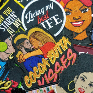 Cool, Embroidered Patch, "Cocoa Butta Kisses" Iron-on Ebony Love Afrocentric Patch; Beautiful Black Couple, Fashion Applique for clothing
