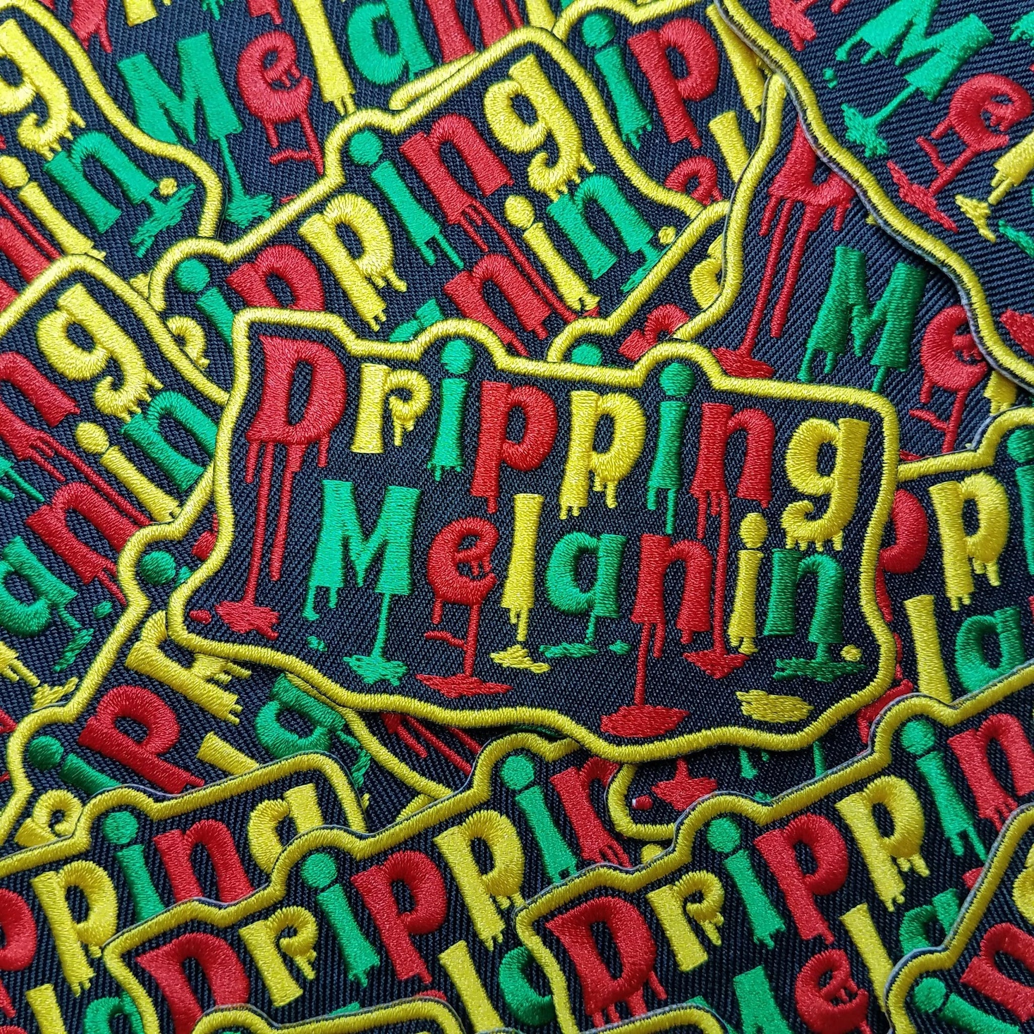 Dripping, Fun, "Dripping Melanin" Iron-On Embroidered Afrocentric Patch; Motivational Patch, Patch for denim jackets, NEW with YELLOW Border