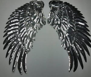 Sequins, 2pc Silver Angel Wings Patch (iron-on) Size 13"x6.5", LARGE Bling Patch for Denim Jacket, Shirts, Hoodies, and More