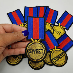 Cool, Ribbon Badge, "Sweet" Red, Blue, Metallic Gold, Patch, Size 4x2", Sew on