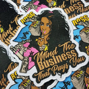 Embroidered Patch, Mind the Business That Pays You, 5" Iron-on Patch,Applique for Clothing, Glam Girl, Girl Boss Patch for Hats, and Jackets