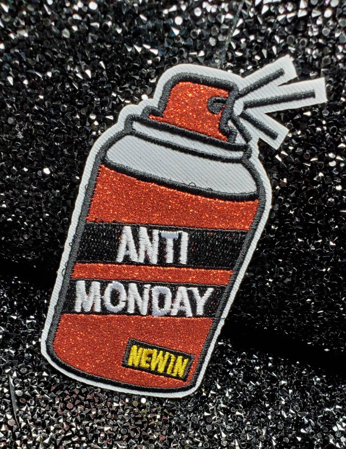 Cool 2pc/set, Red Metallic ANTI-MONDAY patches, DIY, Embroidered Applique Iron On Patch, Fun Patch for Denim Jacket, Hoodies, Glitter Patch