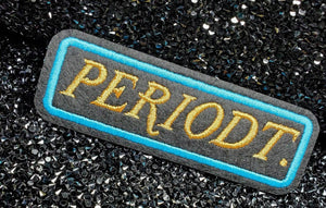 Neon Blue and Metallic Gold, "Periodt" Embroidery Patch, Size 3"x2", Cool Iron-on Patch, Applique for Clothing and Accessories
