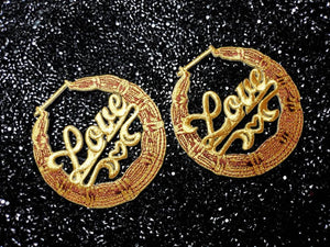 Gold Bamboo Earring 1-pc "Love" Patch, Hoop Earrings Iron-on Embroidered Applique, Cool Patches for Clothing; Door Knocker Earrings 3-inches