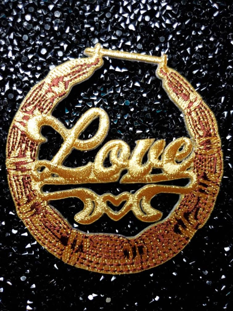 Gold Bamboo Earring 1-pc "Love" Patch, Hoop Earrings Iron-on Embroidered Applique, Cool Patches for Clothing; Door Knocker Earrings 3-inches