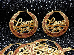 Gold Bamboo Earring 1-pc "Love" Patch, Hoop Earrings Iron-on Embroidered Applique, Cool Patches for Clothing; Door Knocker Earrings 3-inches