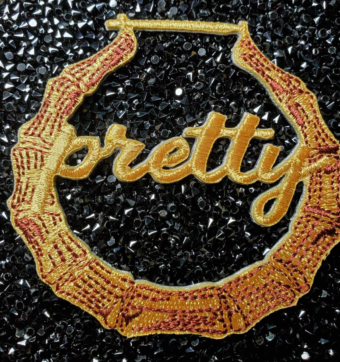Gold Bamboo 1-pc Earring "Pretty" Patch, Hoop Earrings Iron-on Embroidered Applique, Cool Patches for Clothing; Door Knocker, 3-inches
