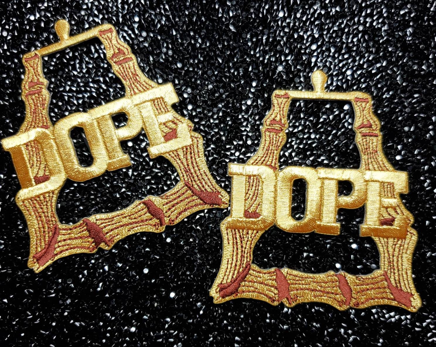 Gold Bamboo Earring 1-pc |"Dope" Patch, Door Knocker Earrings | Iron-on Embroidered Applique, Cool Patches for Clothing, 4-inches