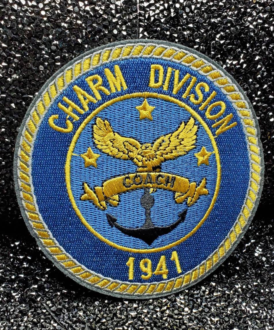 Vintage Charm Division, 1941 Circular Patch, Large Iron-on Embroidered Patch, Size 4x4", Blue and Yellow Emblem with Eagle and Nautical Hook
