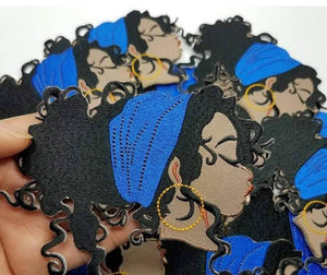 Fly Nubian Blue "Head Wrap," 4-inch, Iron-on Embroidered 3D Afrocentric Patch; Cute Black Girl Patch