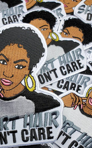 Iron-on Patch "Short Hair, Don't Care" Size 4" Embroidery Patch; Black Girl Magic with Gold Hoops; Patch for Jackets and Accessories