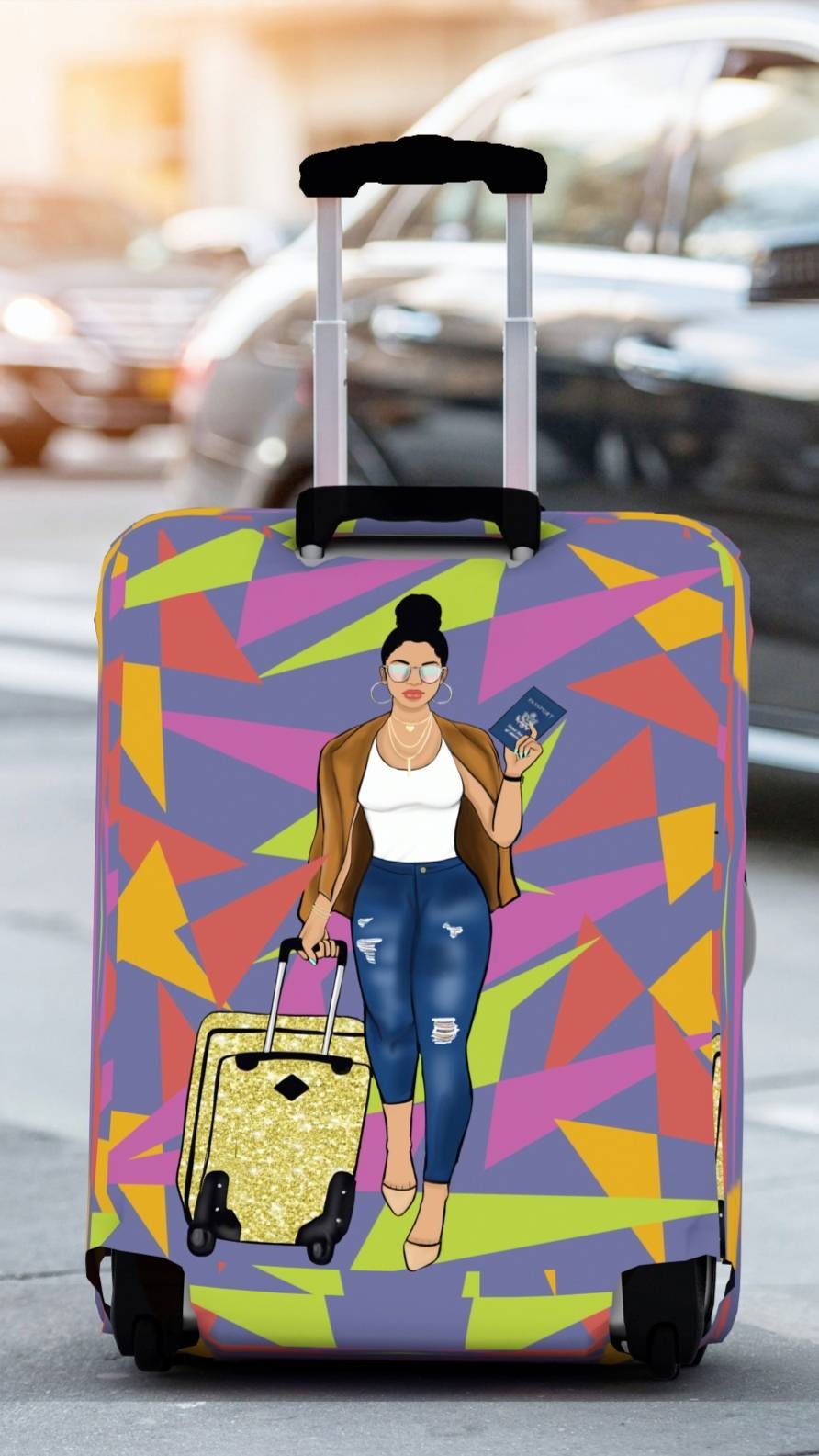 Girls Trip, Polyester/Spandex Luggage Cover, "Melanin on the Move," Luggage Cover for Travelers; Gifts for Wanderlust, Cute Suitcase Covers