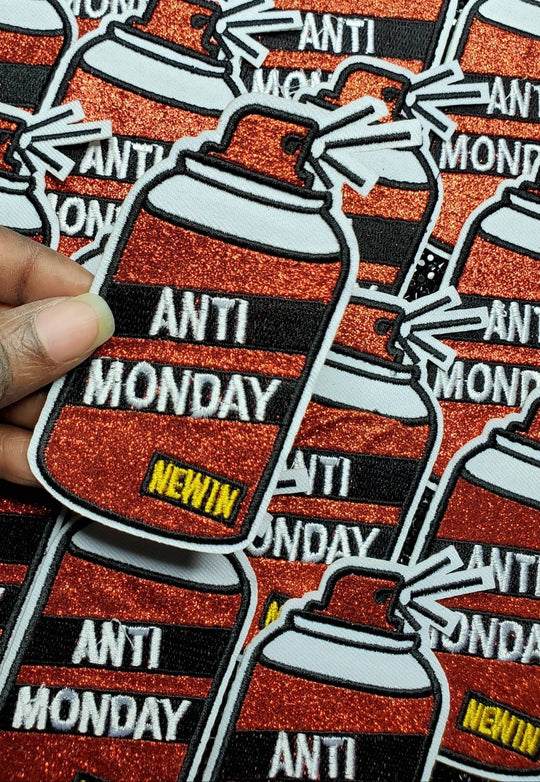 Cool 2pc/set, Red Metallic ANTI-MONDAY patches, DIY, Embroidered Applique Iron On Patch, Fun Patch for Denim Jacket, Hoodies, Glitter Patch
