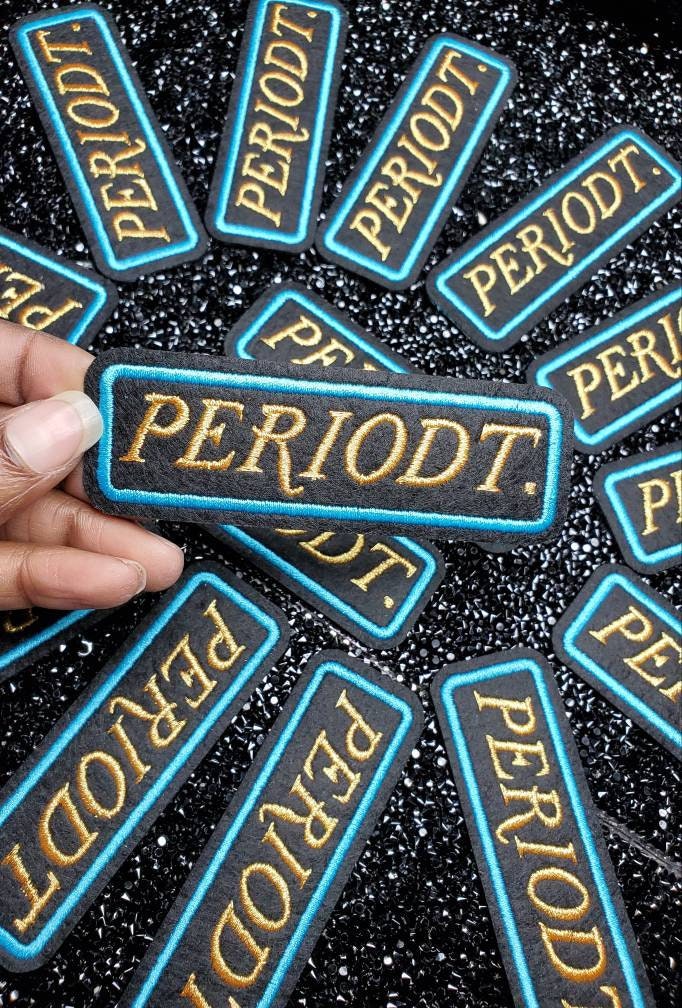 Neon Blue and Metallic Gold, "Periodt" Embroidery Patch, Size 3"x2", Cool Iron-on Patch, Applique for Clothing and Accessories