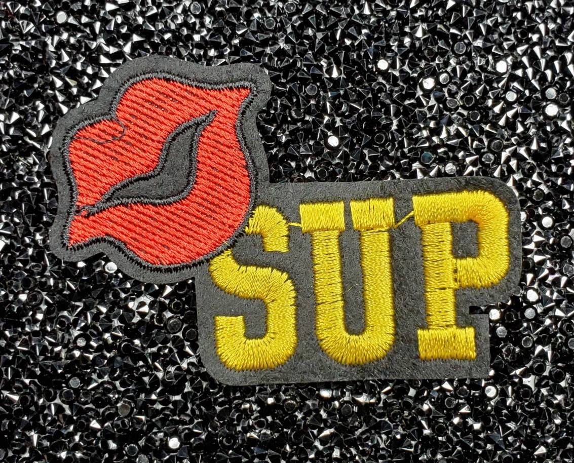 Cool 2pc/set, Gold and Red "Sup" with lip, DIY patches, Embroidered Applique Iron On Patch, Size 2"x2"