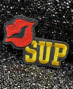 Cool 2pc/set, Gold and Red "Sup" with lip, DIY patches, Embroidered Applique Iron On Patch, Size 2"x2"