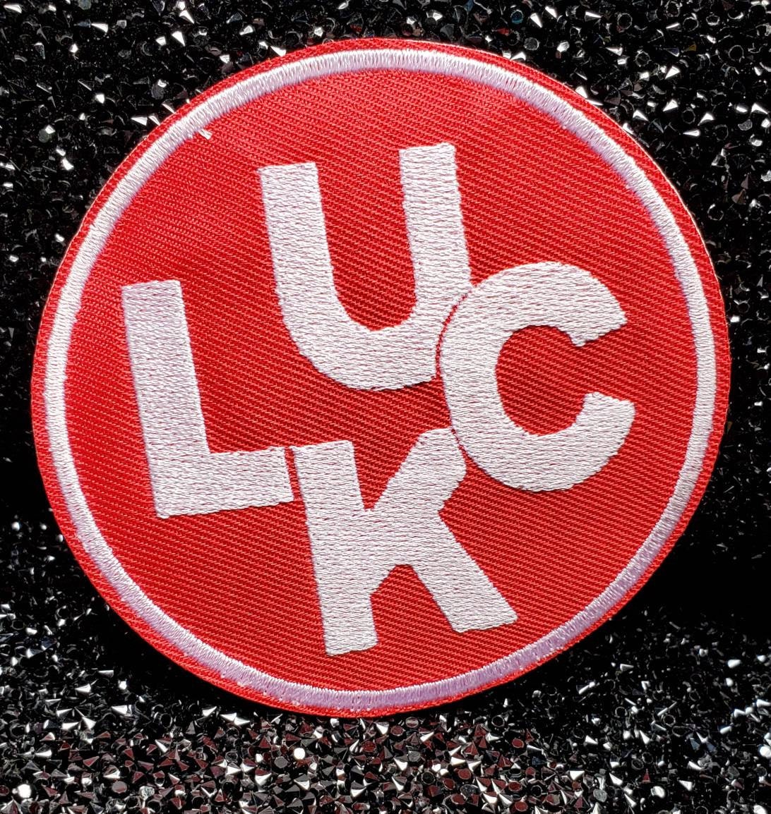 Red & White,"Luck" Circular Badge, Iron on Embroidered Patch, Positive Vibes Applique, Cool Patch for Clothing, Size 4"