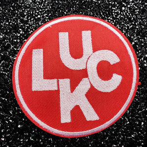 Red & White,"Luck" Circular Badge, Iron on Embroidered Patch, Positive Vibes Applique, Cool Patch for Clothing, Size 4"