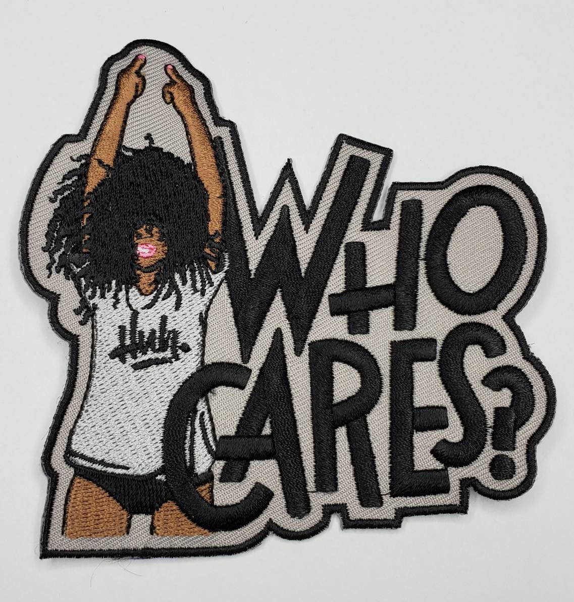 Embroidered Patch, Who Cares. Huh?, 4" Iron-on Patch,Applique for Clothing, Afro Diva, Cool Patch for Hats, and Jackets