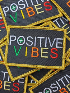 Motivational Emblem "Positive Vibes" Colorful Patch with Metallic Gold Thread, Iron-on Embroidered Patch; Size 3"x2"