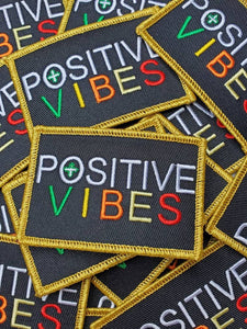 Motivational Emblem "Positive Vibes" Colorful Patch with Metallic Gold Thread, Iron-on Embroidered Patch; Size 3"x2"