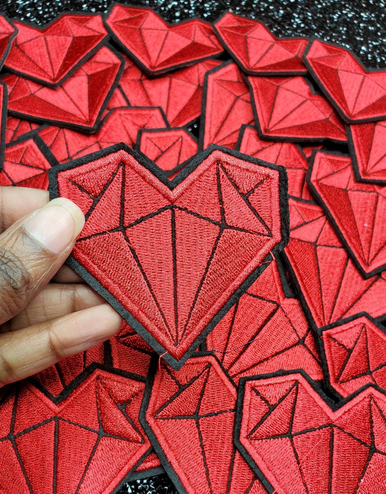 Dope, 2-pc Set, Red Heart Shaped Diamonds, 2-inch Patch, Iron or Sew on Embroidered Applique; Diamond Patch, Popular patches and appliques