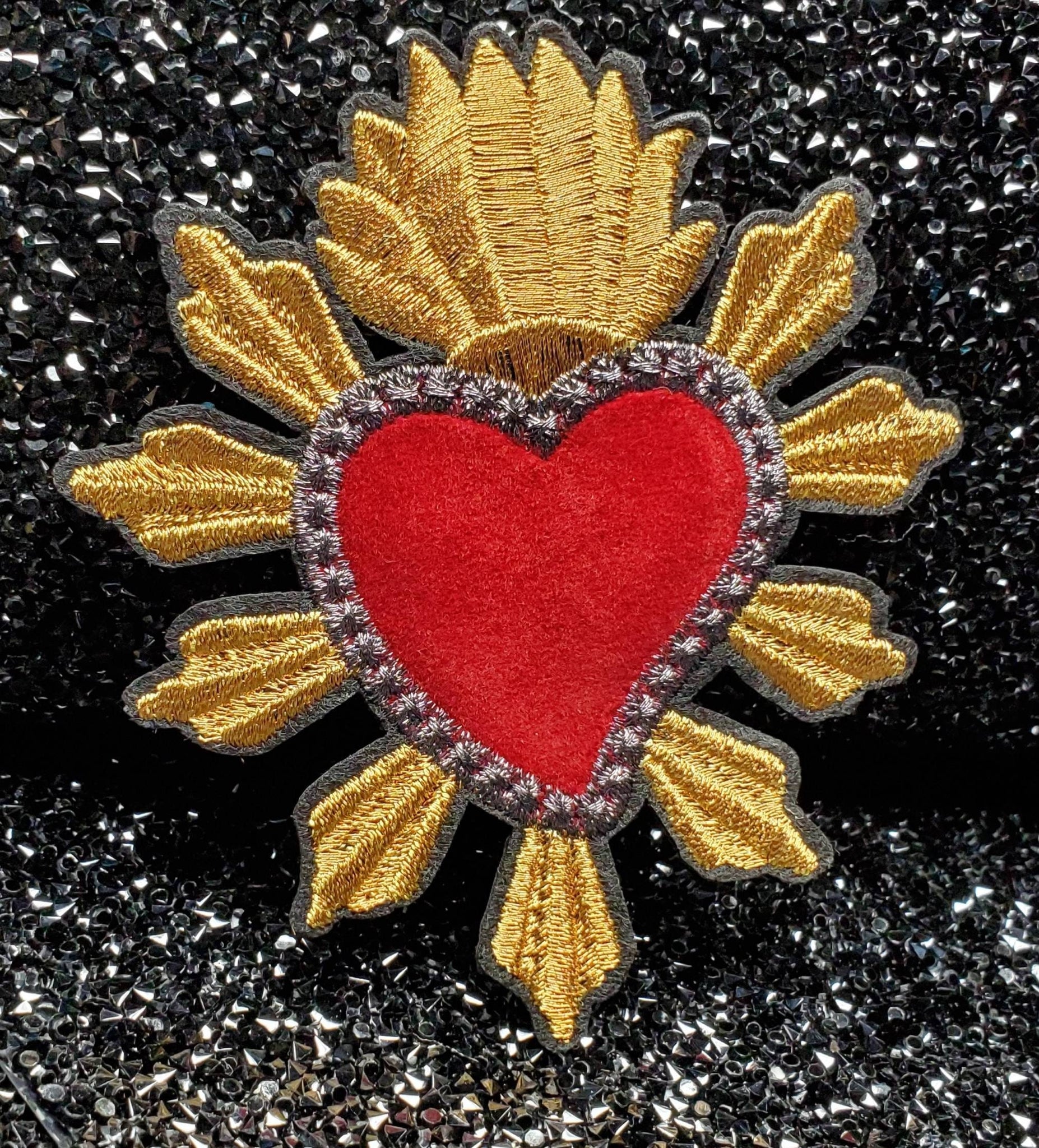 Beautiful Mexican MILAGRO Red Velvet & Metallic Heart, 3"x4"inch Patch, Iron on Embroidered Applique; Popular Patches, Sacred Heart