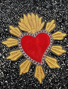 Beautiful Mexican MILAGRO Red Velvet & Metallic Heart, 3"x4"inch Patch, Iron on Embroidered Applique; Popular Patches, Sacred Heart