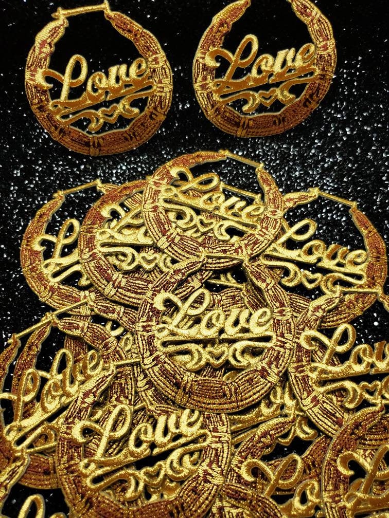 Gold Bamboo Earring 1-pc "Love" Patch, Hoop Earrings Iron-on Embroidered Applique, Cool Patches for Clothing; Door Knocker Earrings 3-inches