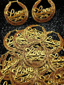 Gold Bamboo Earring 1-pc "Love" Patch, Hoop Earrings Iron-on Embroidered Applique, Cool Patches for Clothing; Door Knocker Earrings 3-inches