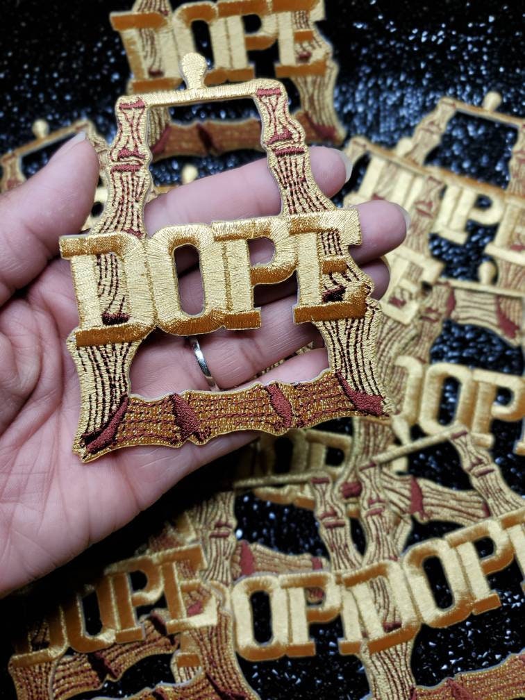 Gold Bamboo Earring 1-pc |"Dope" Patch, Door Knocker Earrings | Iron-on Embroidered Applique, Cool Patches for Clothing, 4-inches