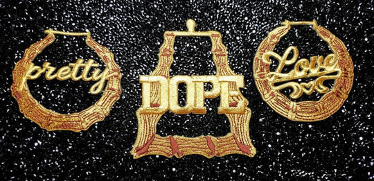 2-pc Gold Bamboo Earring Patch Set | Bamboo Collection | Iron-on Embroidered Appliques, Cool Patches for Clothing | Door Knocker Earrings