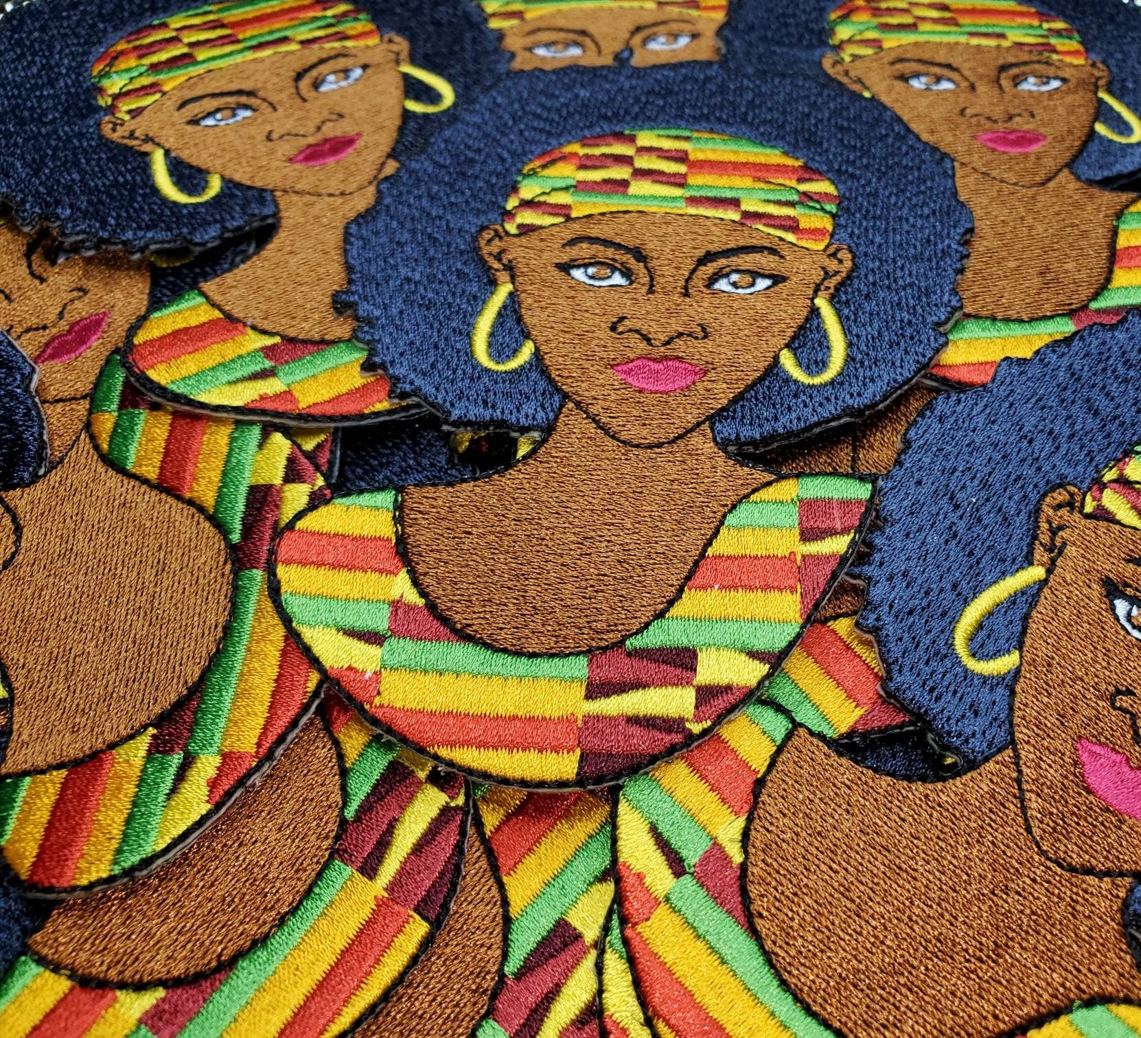 Mother of the Earth, Kente Cloth, Africa Lady, Iron-on Embroidered 3D Afrocentric Patch; Size 4", Beautiful Kente Lady Patch
