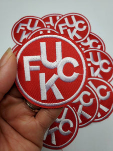 Red & White,"F*%k" Circular Badge, Iron on Embroidered Patch, Swear Words Patch, Cool Patch for Clothing, Size 3"