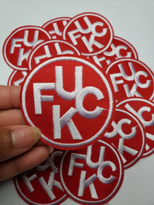 Red & White,"F*%k" Circular Badge, Iron on Embroidered Patch, Swear Words Patch, Cool Patch for Clothing, Size 3"