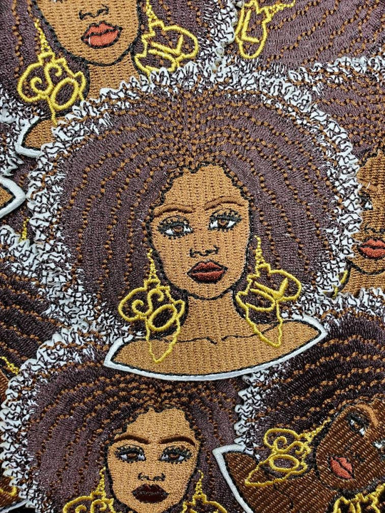 Beautiful, "Soul Queen" with 4c Hair and Gold Metallic Earrings, Can Be Ironed or Sewn on, Embroidered Patch, Exclusive Applique, Size 4"
