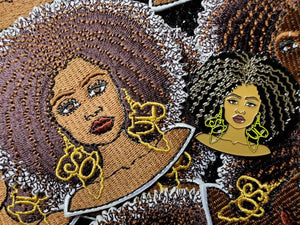 Beautiful, "Soul Queen" with 4c Hair and Gold Metallic Earrings, Can Be Ironed or Sewn on, Embroidered Patch, Exclusive Applique, Size 4"