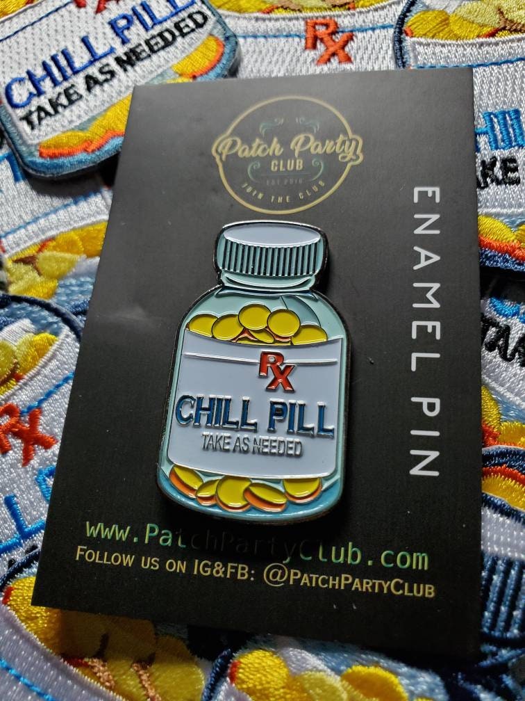 Patch & Pin Set, 2-pc Vintage Chill Pill Enamel Pin and Embroidered Patch, DIY for Jackets, Hats, and Clothing, 1.50" Pin and 3" Patch